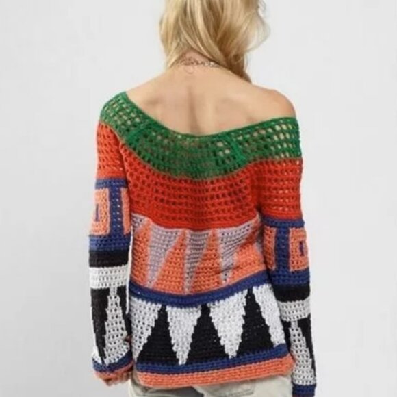 Free People Modern Art Geo Knit Off Shoulder Sweater Women's Size M Multicolor - Picture 2 of 5